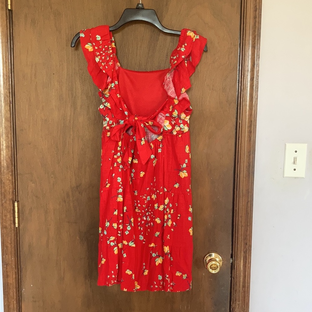 Relist7/18❌ LC LAUREN CONRAD red with lemon & floral print tie back dress - Picture 6 of 16